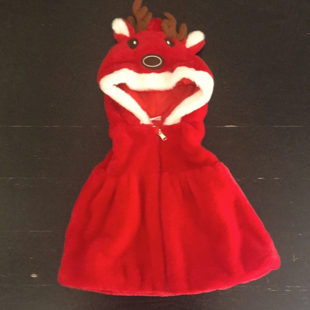 Red w/ white trim very soft faux fur reindeer hooded fancy Christmas vest.